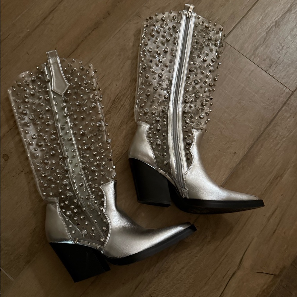 Dolls Kill Metallic Silver and Clear Studded Boots
